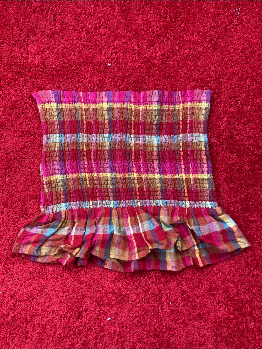 American Eagle Outfitters Pink Red Plaid Smocked Ruffle Crop Top